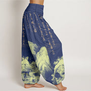 Buddha Stones Pure Cotton Chinese Calligraphy Landscape Painting Women's Elastic Waist Harem Pants - image 10