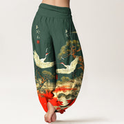 Buddha Stones Pure Cotton Vivid Crane Pine Tree Pattern Women's Elastic Waist Harem Pants - image 1