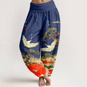 Buddha Stones Pure Cotton Vivid Crane Pine Tree Pattern Women's Elastic Waist Harem Pants - Navy - US16，UK/AU20，EU48 (3XL) - image 8
