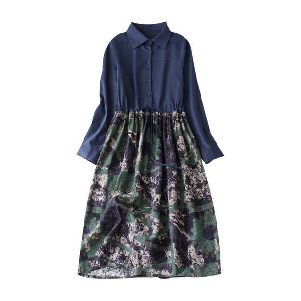 Buddha Stones Fall Printed Patchwork Design Drawstring Long Sleeve Linen Midi Dress With Pockets - image 9