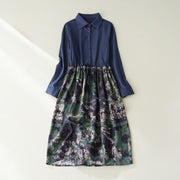 Buddha Stones Fall Printed Patchwork Design Drawstring Long Sleeve Linen Midi Dress With Pockets - DarkBlue - US8-10，UK/AU12-14，EU40-42 (2XL) - image 1