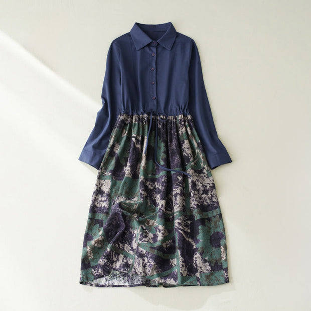 Buddha Stones Fall Printed Patchwork Design Drawstring Long Sleeve Linen Midi Dress With Pockets - DarkBlue - US8-10，UK/AU12-14，EU40-42 (2XL) - image 1