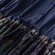 Buddha Stones Fall Printed Patchwork Design Drawstring Long Sleeve Linen Midi Dress With Pockets - image 4