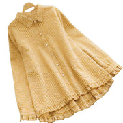 Buddha Stones Spring Plaid Ruffled Hem Design Long Sleeve Women's Cotton Buttons Shirt - image 3