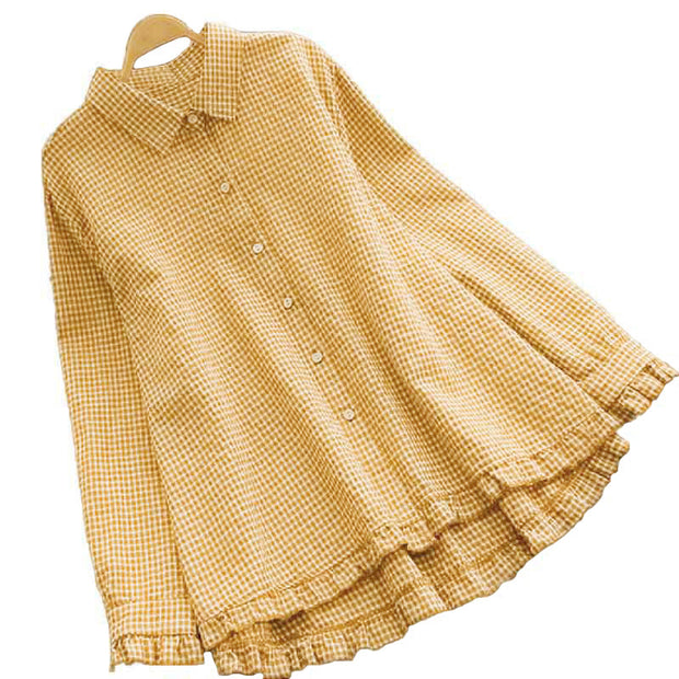 Buddha Stones Spring Plaid Ruffled Hem Design Long Sleeve Women's Cotton Buttons Shirt - image 3