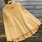 Buddha Stones Spring Plaid Ruffled Hem Design Long Sleeve Women's Cotton Buttons Shirt - Yellow - US14，UK/AU18，EU46 (4XL) - image 2