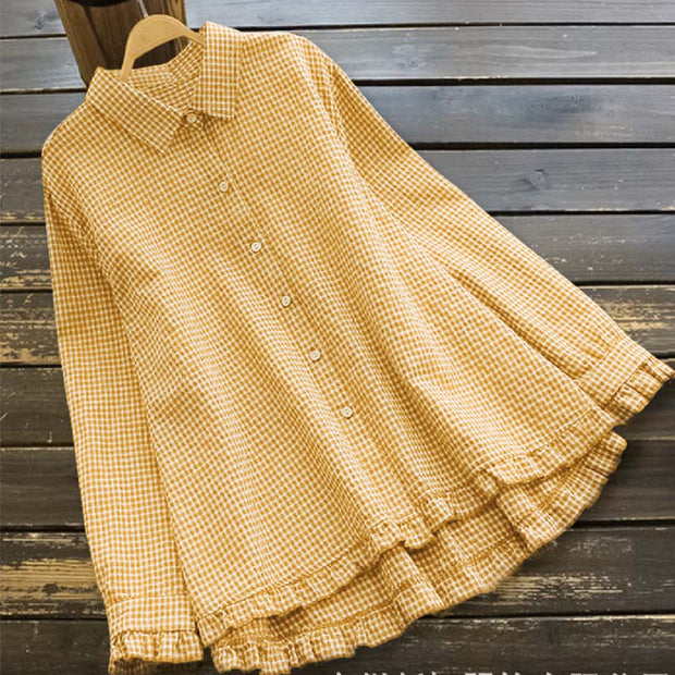 Buddha Stones Spring Plaid Ruffled Hem Design Long Sleeve Women's Cotton Buttons Shirt - Yellow - US14，UK/AU18，EU46 (4XL) - image 2
