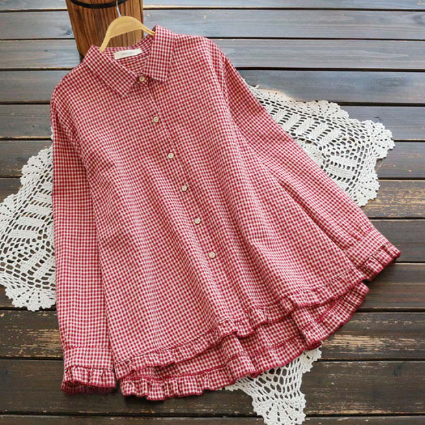 Buddha Stones Spring Plaid Ruffled Hem Design Long Sleeve Women's Cotton Buttons Shirt - Crimson - US14，UK/AU18，EU46 (4XL) - image 0