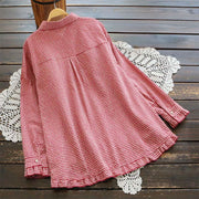 Buddha Stones Spring Plaid Ruffled Hem Design Long Sleeve Women's Cotton Buttons Shirt - image 1