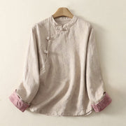 Buddha Stones Jacquard Diagonal Placket Long Sleeve Women's Cotton Linen Buttons Shirt - Linen - US8-10，UK/AU12-14，EU40-42 (2XL) - image 1