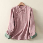 Buddha Stones Jacquard Diagonal Placket Long Sleeve Women's Cotton Linen Buttons Shirt - LightPink - US8-10，UK/AU12-14，EU40-42 (2XL) - image 11