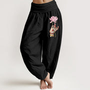Buddha Stones Hand Holding Delicate Lotus Pattern Women's Elastic Waist Harem Cotton Pants - Black - US16，UK/AU20，EU48 (3XL) - image 0