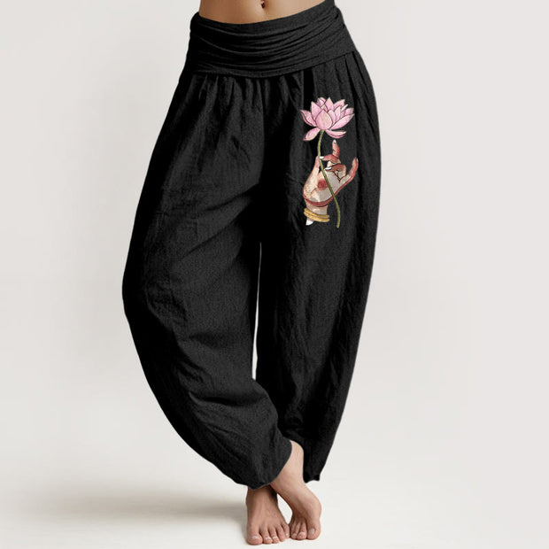 Buddha Stones Hand Holding Delicate Lotus Pattern Women's Elastic Waist Harem Cotton Pants - Black - US16，UK/AU20，EU48 (3XL) - image 0