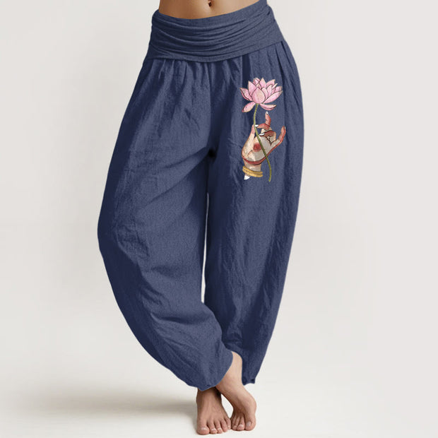 Buddha Stones Hand Holding Delicate Lotus Pattern Women's Elastic Waist Harem Cotton Pants - DarkSlateBlue - US16，UK/AU20，EU48 (3XL) - image 5
