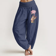 Buddha Stones Hand Holding Delicate Lotus Pattern Women's Elastic Waist Harem Cotton Pants - DimGray - US16，UK/AU20，EU48 (3XL) - image 5