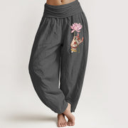 Buddha Stones Hand Holding Delicate Lotus Pattern Women's Elastic Waist Harem Cotton Pants - Tan - US16，UK/AU20，EU48 (3XL) - image 8