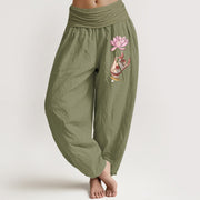 Buddha Stones Hand Holding Delicate Lotus Pattern Women's Elastic Waist Harem Cotton Pants - Black - US16，UK/AU20，EU48 (3XL) - image 14