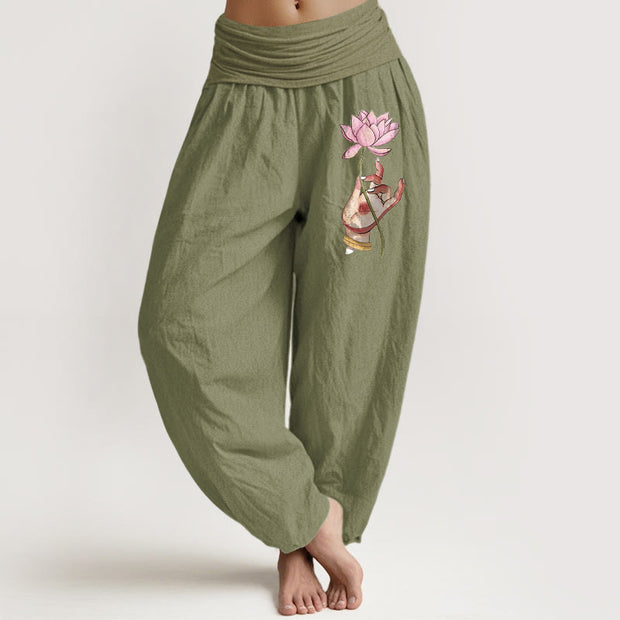 Buddha Stones Hand Holding Delicate Lotus Pattern Women's Elastic Waist Harem Cotton Pants - Black - US16，UK/AU20，EU48 (3XL) - image 14