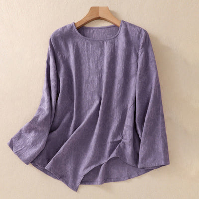 Buddha Stones Jacquard Irregular Hem Pleated Design Women's Cotton Long Sleeve Shirt - DarkViolet - US8-10，UK/AU12-14，EU40-42 (2XL) - image 0