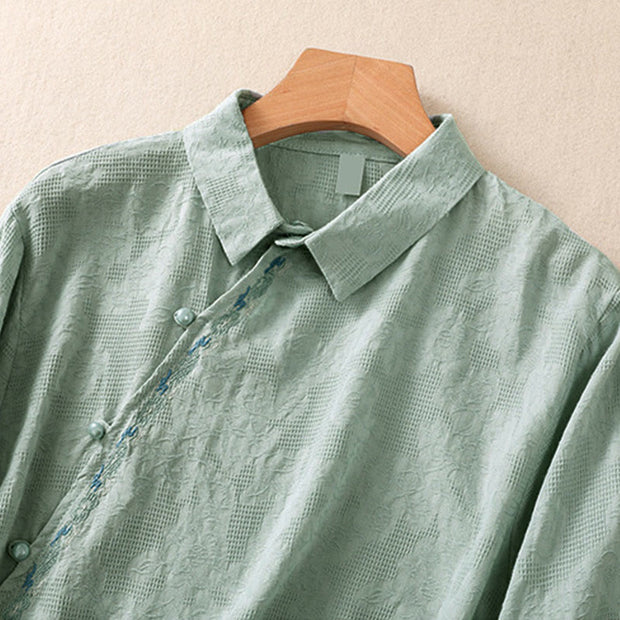 Buddha Stones Fall Embroidery Asymmetrical Design Frog-Button Women's Cotton Long Sleeve Shirt - image 2