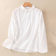 Buddha Stones Fall Embroidery Asymmetrical Design Frog-Button Women's Cotton Long Sleeve Shirt - White - US8-10，UK/AU12-14，EU40-42 (2XL) - image 7