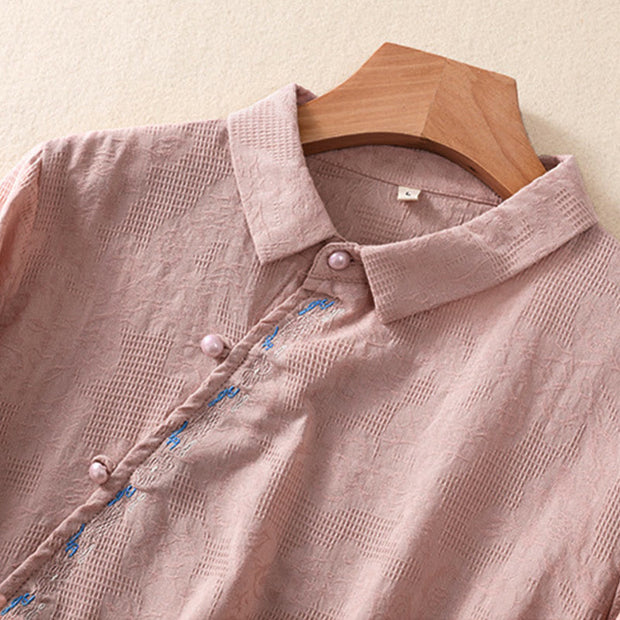 Buddha Stones Fall Embroidery Asymmetrical Design Frog-Button Women's Cotton Long Sleeve Shirt - image 16