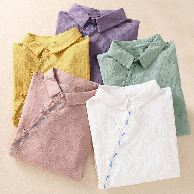 Buddha Stones Fall Embroidery Asymmetrical Design Frog-Button Women's Cotton Long Sleeve Shirt - image 38