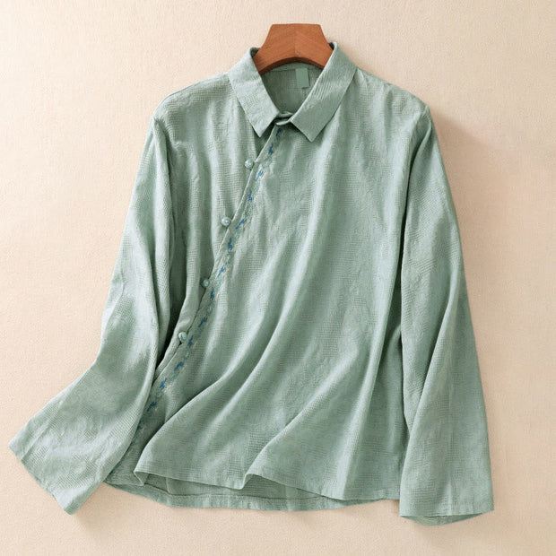 Buddha Stones Fall Embroidery Asymmetrical Design Frog-Button Women's Cotton Long Sleeve Shirt - MediumAquamarine - US8-10，UK/AU12-14，EU40-42 (2XL) - image 0