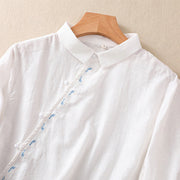 Buddha Stones Fall Embroidery Asymmetrical Design Frog-Button Women's Cotton Long Sleeve Shirt - image 9