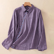 Buddha Stones Fall Embroidery Asymmetrical Design Frog-Button Women's Cotton Long Sleeve Shirt - DarkOrchid - US8-10，UK/AU12-14，EU40-42 (2XL) - image 31