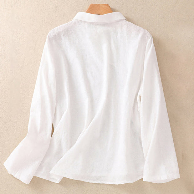 Buddha Stones Fall Embroidery Asymmetrical Design Frog-Button Women's Cotton Long Sleeve Shirt - image 8