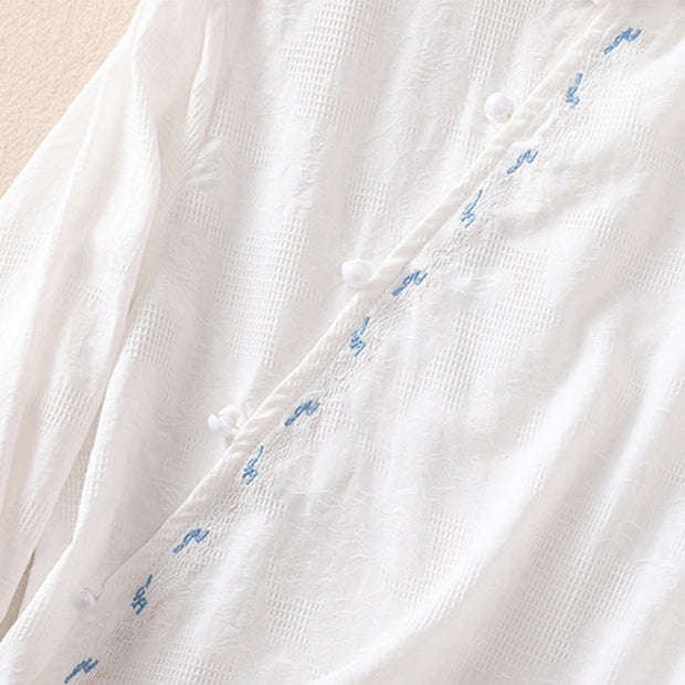 Buddha Stones Fall Embroidery Asymmetrical Design Frog-Button Women's Cotton Long Sleeve Shirt - image 11