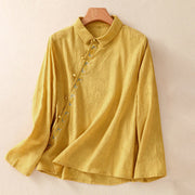 Buddha Stones Fall Embroidery Asymmetrical Design Frog-Button Women's Cotton Long Sleeve Shirt - Gold - US8-10，UK/AU12-14，EU40-42 (2XL) - image 24