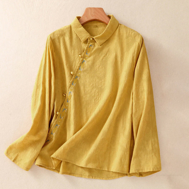 Buddha Stones Fall Embroidery Asymmetrical Design Frog-Button Women's Cotton Long Sleeve Shirt - Gold - US8-10，UK/AU12-14，EU40-42 (2XL) - image 24