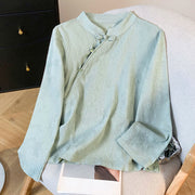 Buddha Stones Commute Jacquard Chinese Frog-Button Mandarin Collar Long Sleeve Women's Cotton Shirt - Aquamarine - US8-10，UK/AU12-14，EU40-42 (2XL) - image 0