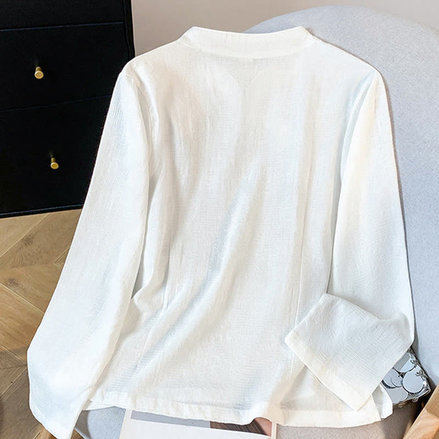 Buddha Stones Commute Jacquard Chinese Frog-Button Mandarin Collar Long Sleeve Women's Cotton Shirt - image 11