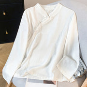 Buddha Stones Commute Jacquard Chinese Frog-Button Mandarin Collar Long Sleeve Women's Cotton Shirt - White - US8-10，UK/AU12-14，EU40-42 (2XL) - image 10