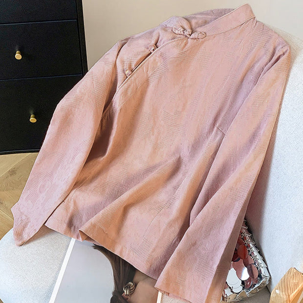 Buddha Stones Commute Jacquard Chinese Frog-Button Mandarin Collar Long Sleeve Women's Cotton Shirt - image 22