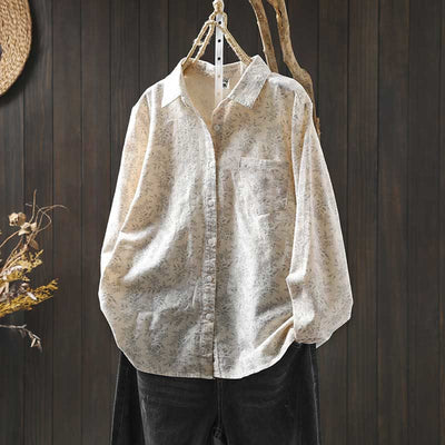 Buddha Stones Fall Floral Print Design Buttons Women's Cotton Long Sleeve Shirt - OldLace - US6，UK/AU10，EU38 (L) - image 0
