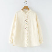 Buddha Stones Fall Ruffled Collar Embroidered Relief Flower Buttons Women's Cotton Long Sleeve Shirt - OldLace - US6，UK/AU10，EU38 (L) - image 0