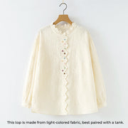 Buddha Stones Fall Ruffled Collar Embroidered Relief Flower Buttons Women's Cotton Long Sleeve Shirt - image 1