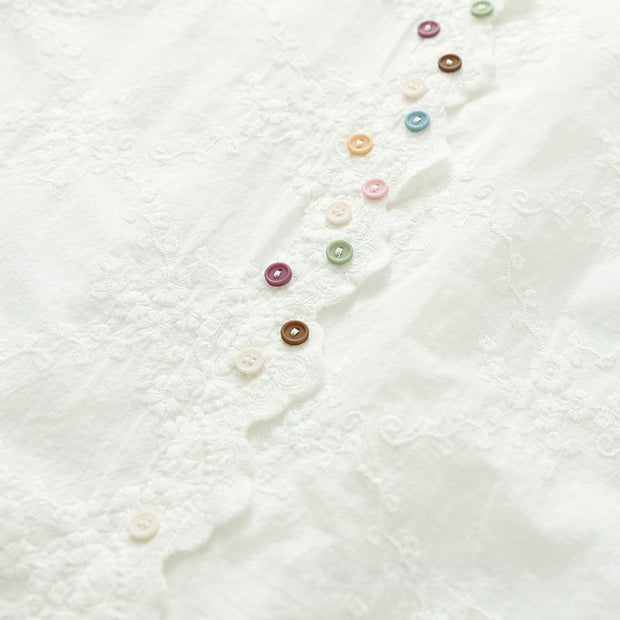 Buddha Stones Fall Ruffled Collar Embroidered Relief Flower Buttons Women's Cotton Long Sleeve Shirt - image 6