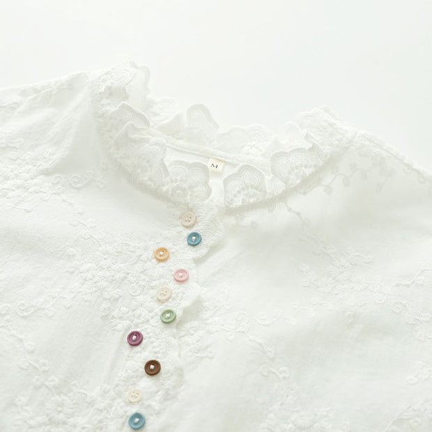 Buddha Stones Fall Ruffled Collar Embroidered Relief Flower Buttons Women's Cotton Long Sleeve Shirt - image 5