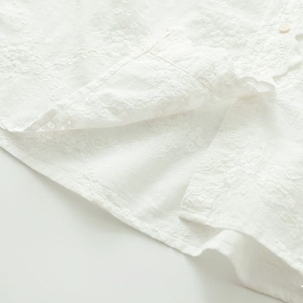 Buddha Stones Fall Ruffled Collar Embroidered Relief Flower Buttons Women's Cotton Long Sleeve Shirt - image 10