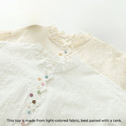 Buddha Stones Fall Ruffled Collar Embroidered Relief Flower Buttons Women's Cotton Long Sleeve Shirt - image 4