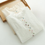 Buddha Stones Fall Ruffled Collar Embroidered Relief Flower Buttons Women's Cotton Long Sleeve Shirt - image 13