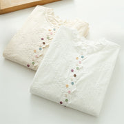 Buddha Stones Fall Ruffled Collar Embroidered Relief Flower Buttons Women's Cotton Long Sleeve Shirt - image 12