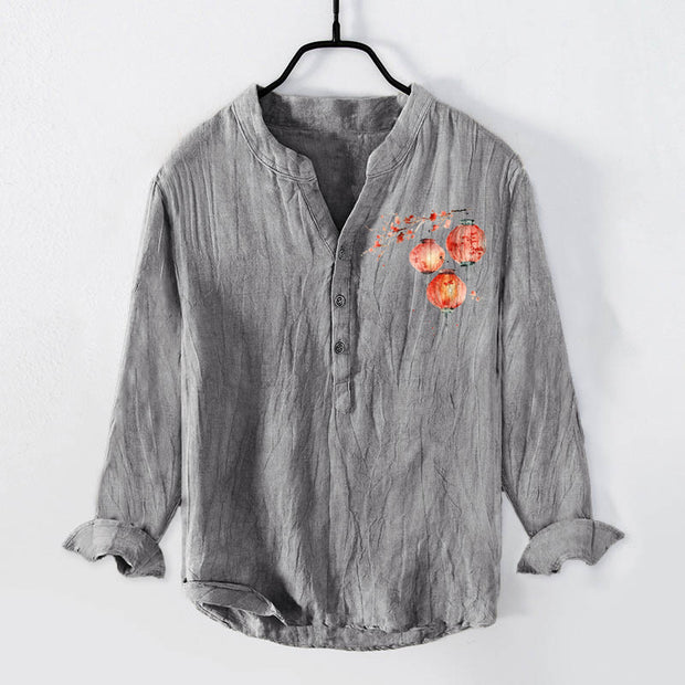 Buddha Stones Simple Red Flower Lantern Pattern Half Buttons Men's Cotton Linen Long Sleeve Shirt - Gray - US/UK/AU50，EU60 (5XL) - image 0