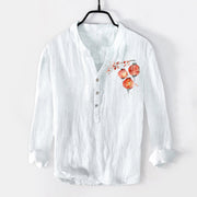 Buddha Stones Simple Red Flower Lantern Pattern Half Buttons Men's Cotton Linen Long Sleeve Shirt - White - US/UK/AU50，EU60 (5XL) - image 3