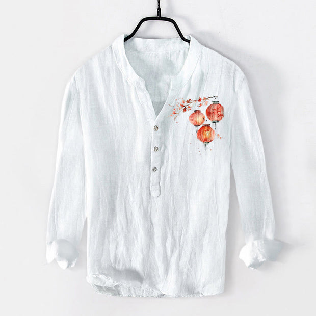 Buddha Stones Simple Red Flower Lantern Pattern Half Buttons Men's Cotton Linen Long Sleeve Shirt - White - US/UK/AU50，EU60 (5XL) - image 3